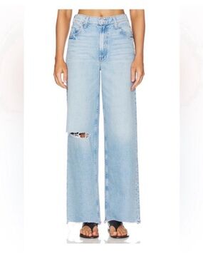 MOTHER Light Blue High-Rise Spinner Zip Sneak Chew Jeans with Knee Rip